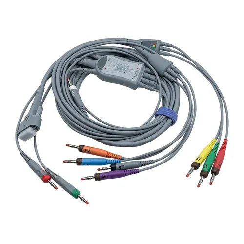 Medical cable with various colored leads on a white background