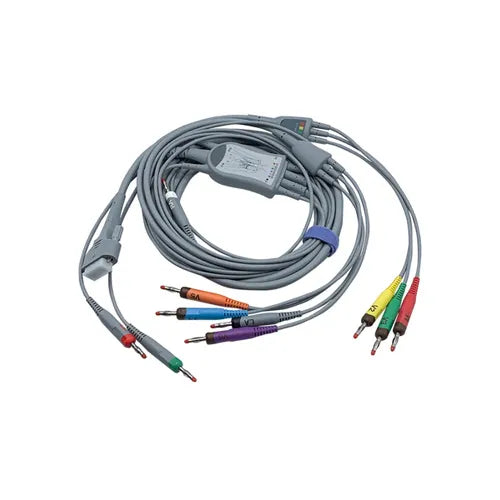 Electrode cable with multiple colored leads on a white background