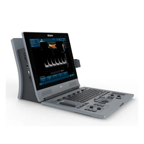 Portable ultrasound machine with a screen displaying medical imaging software on a white background