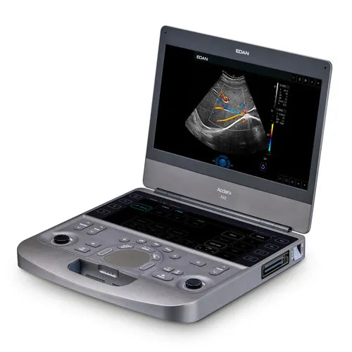 Portable ultrasound machine with a screen displaying an ultrasound image on a white background