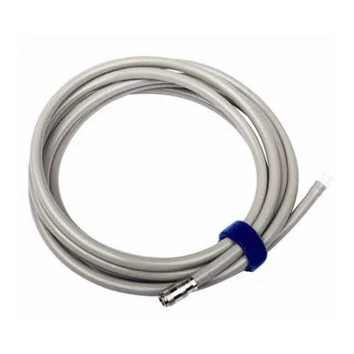 Coiled cable with a blue connector on a white background
