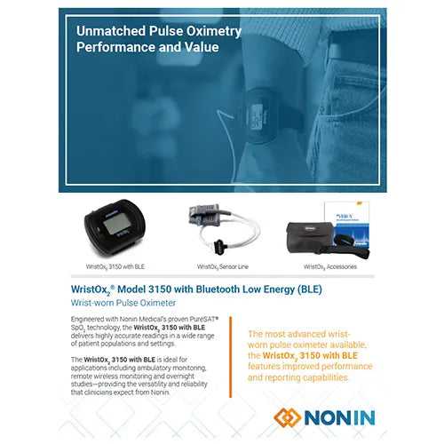 Advertisement for WristOx 3150 with BLE pulse oximeter by Nonin, featuring product images and text on a white background.
