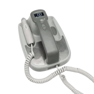 White medical device with a coiled cable on a white background