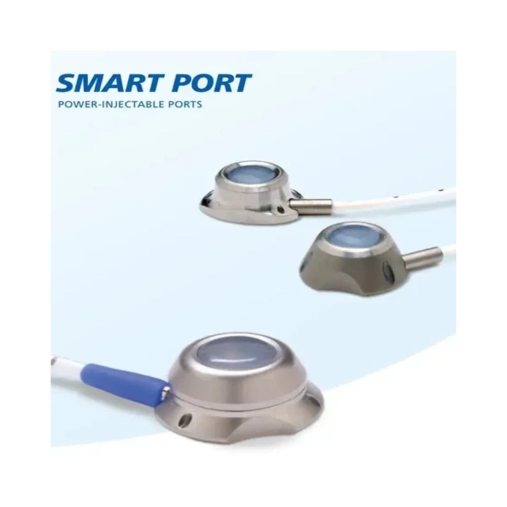 Three smart port devices with metallic silver bodies, blue accents, and white cables on a light blue and white background, with the text 'SMART PORT POWER-INJECTABLE PORTS' at the top.