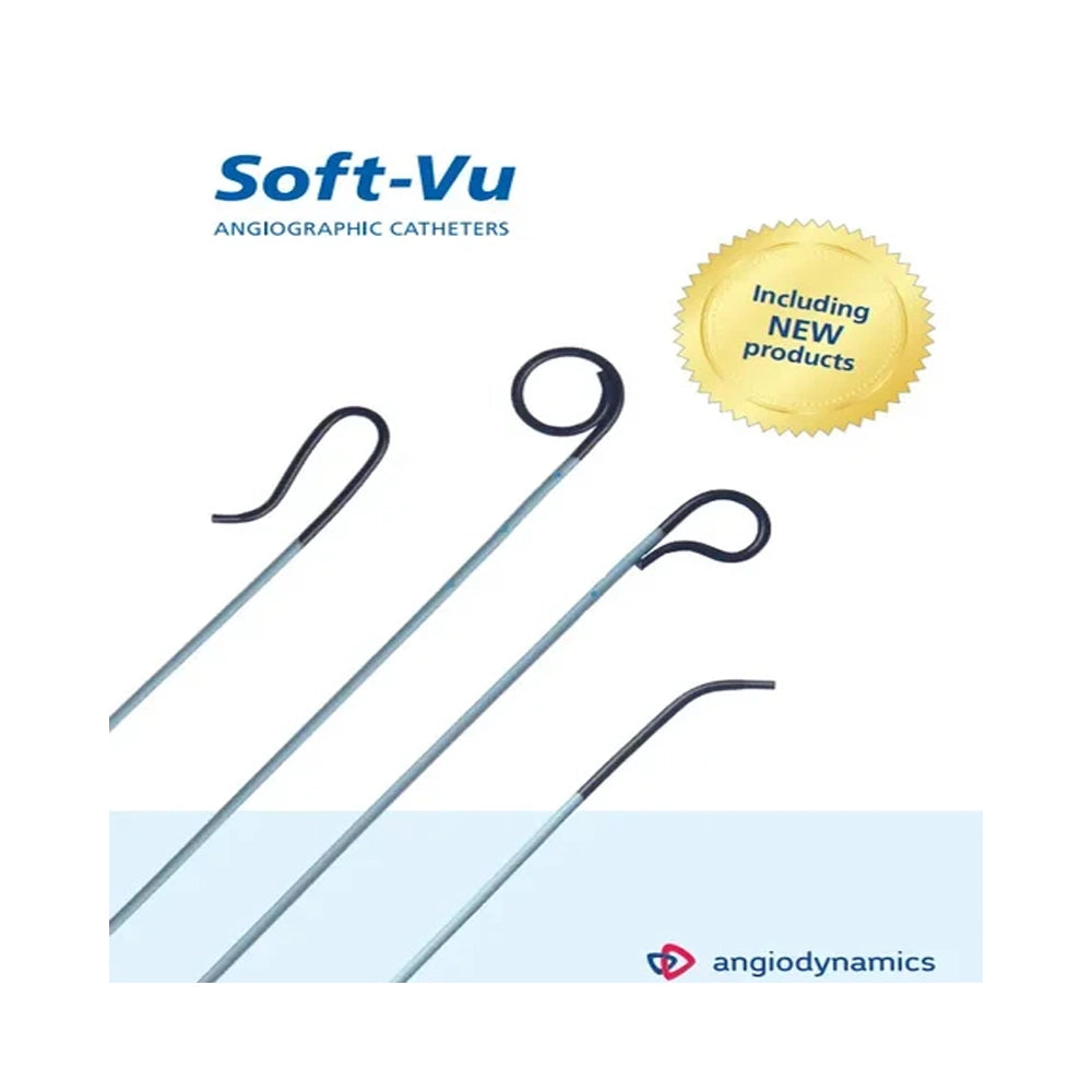 Four Soft-Vu angiographic catheters with curved dark blue tips and long metallic gray shafts, shown on a white background with Soft-Vu branding, a gold 'Including NEW products' badge, and the Angiodynamics logo.