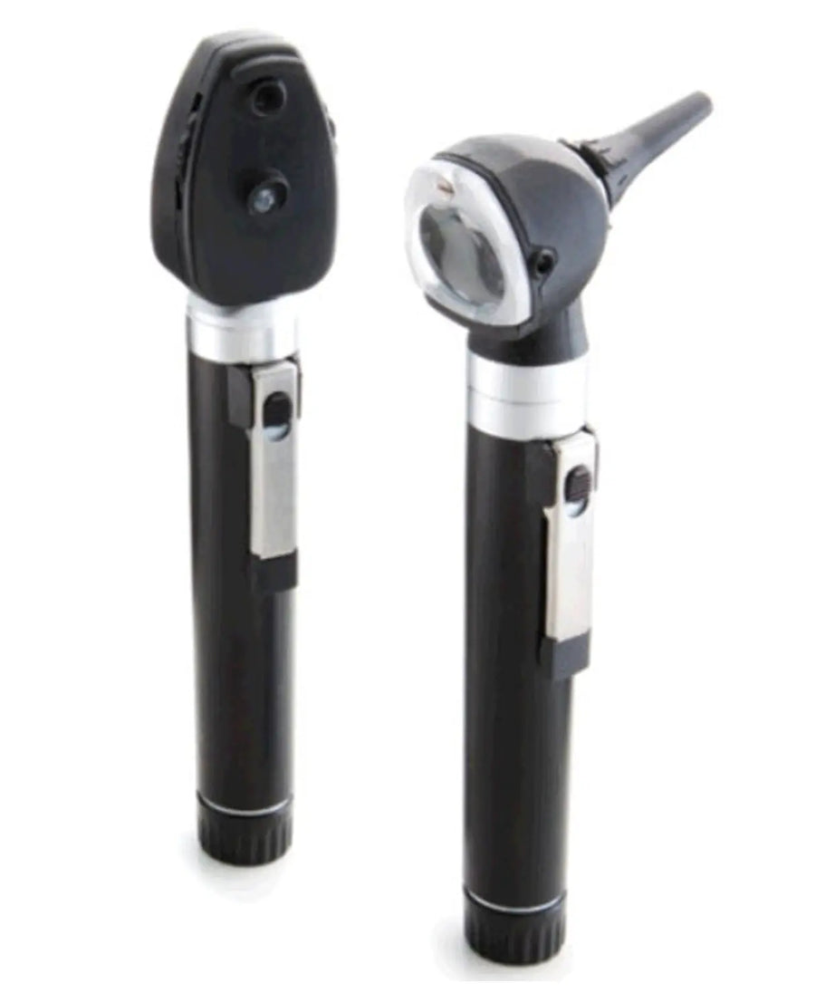 Two black otoscopes on a white background