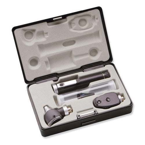 Set of medical tools including a otoscope, ophthalmoscope, and stethoscope in an open case on a white background.