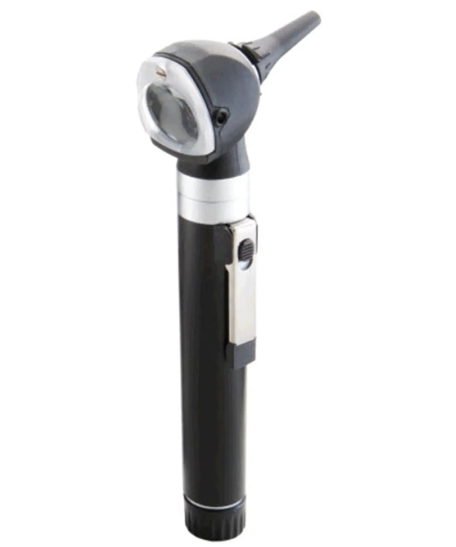 Black and silver otoscope on a white background.