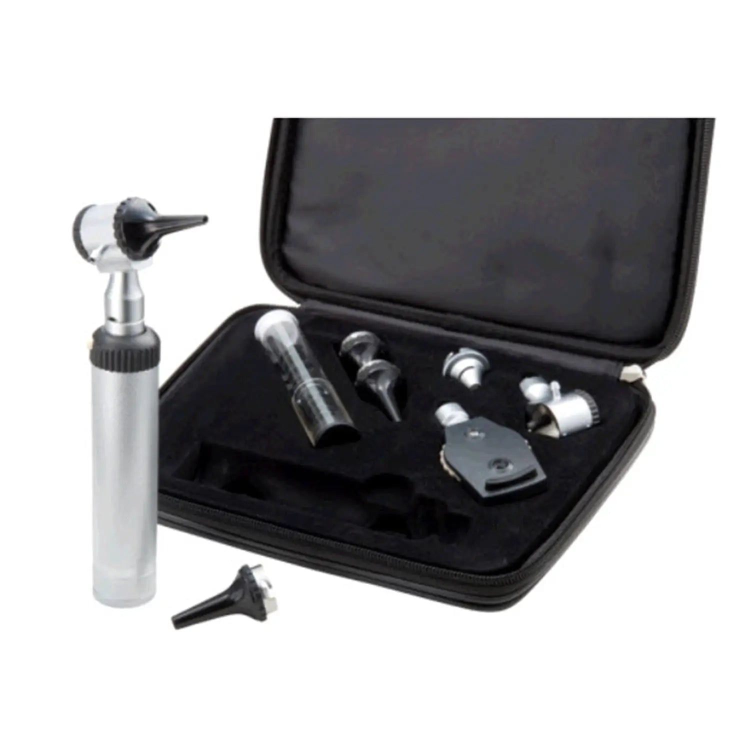 Set of medical tools including an otoscope in a black case on a white background.