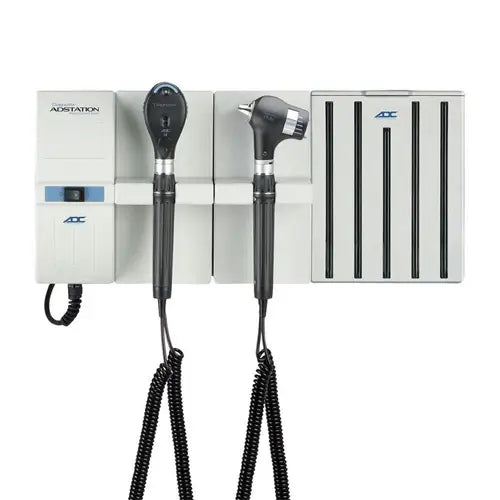 A Medical adstation with stethoscope and otoscope on a white background