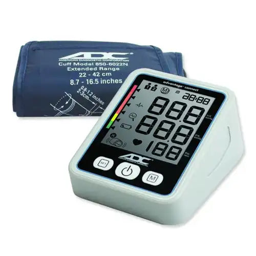 Blood pressure monitor with digital display and cuff on a white background