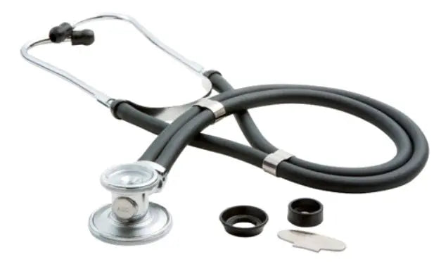 Stethoscope with black tubing on a white background