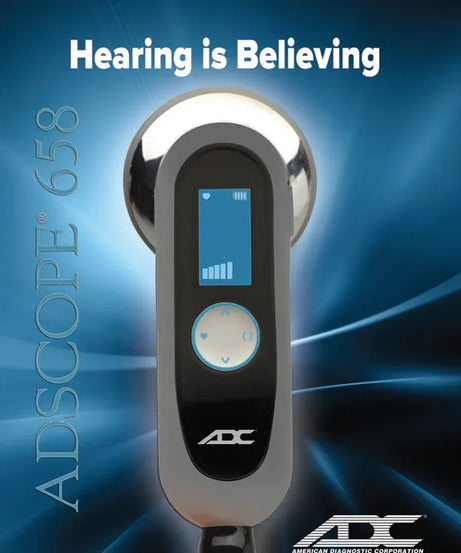 Hearing instrument with 'Hearing is Believing' text and ADC logo on a blue background