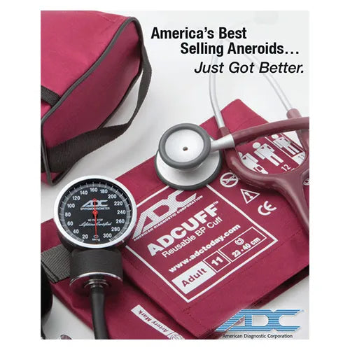 ADCuff blood pressure monitor with stethoscope on a white background, featuring ADC logo.