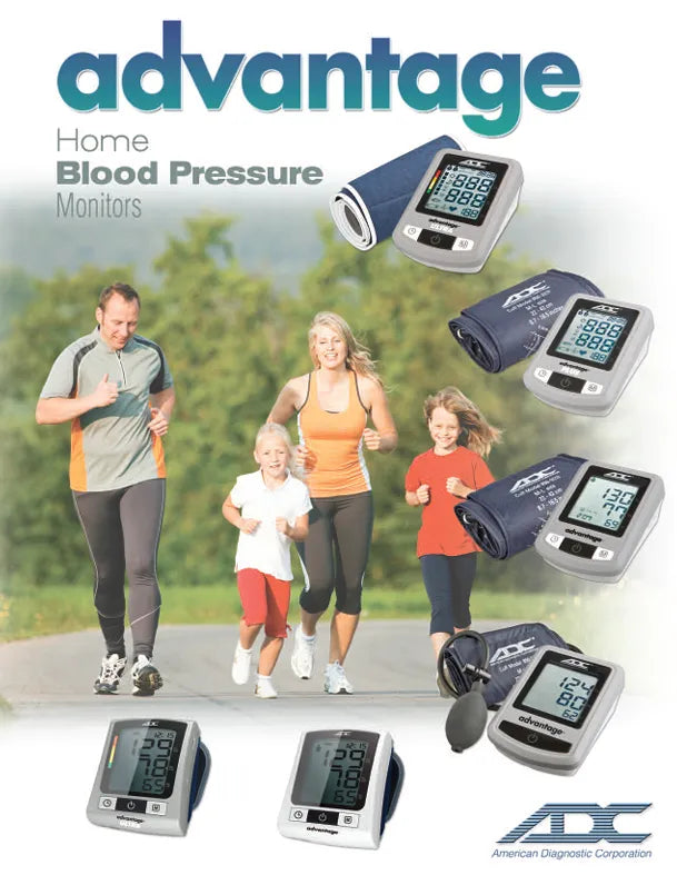 Advertisement for ADC advantage home blood pressure monitors with people exercising outdoors.