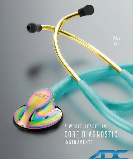 Turquoise stethoscope with gold accents on a gray background, featuring American Diagnostic Corporation logo.