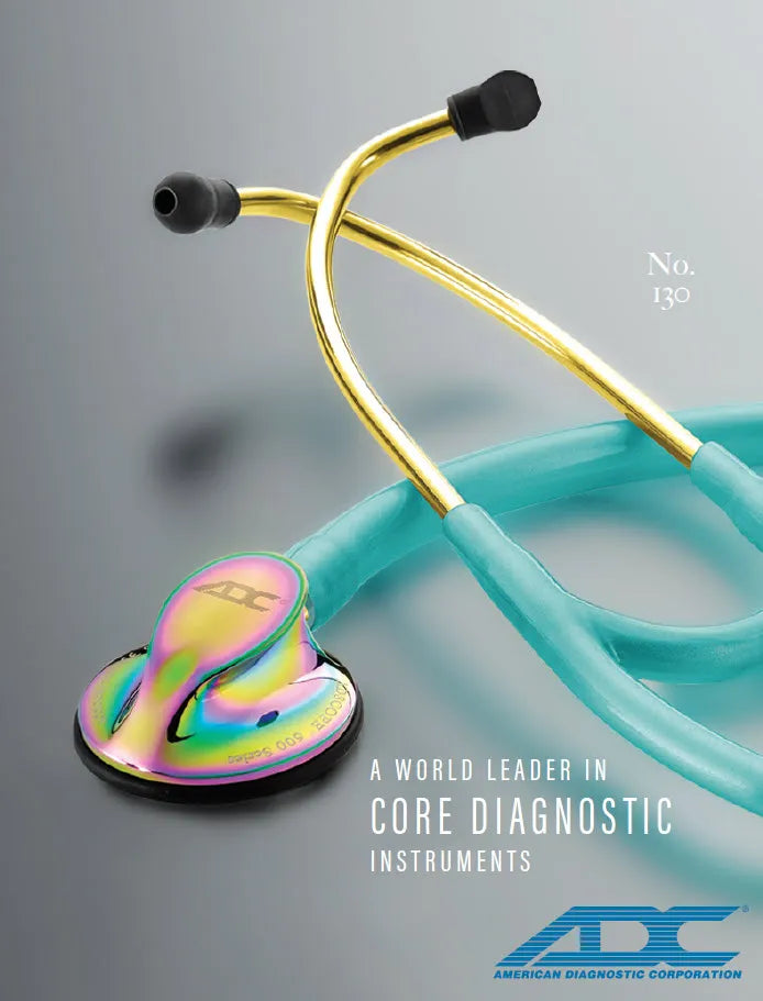 Turquoise stethoscope with gold accents on a gray background, featuring American Diagnostic Corporation logo.