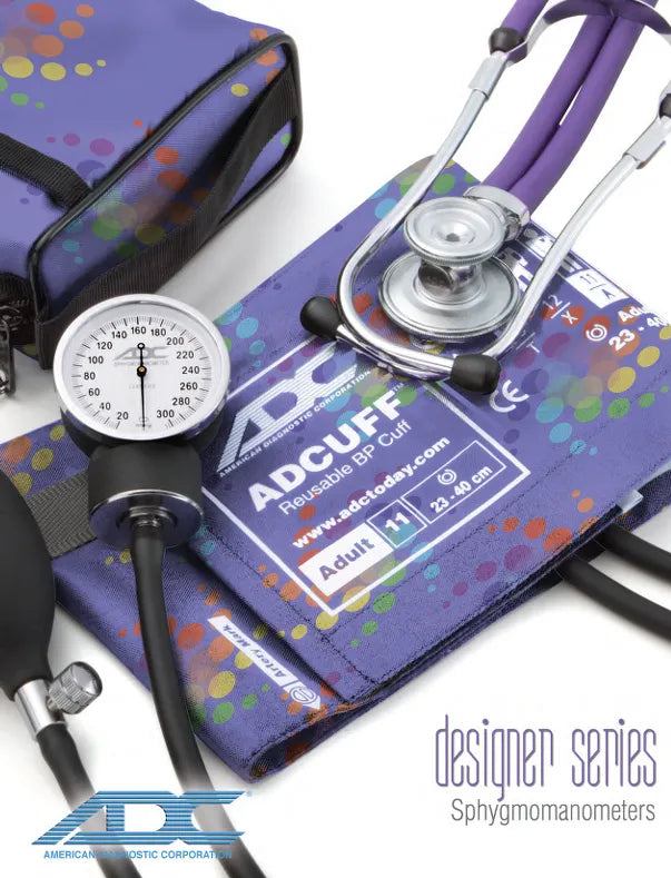 Sphygmomanometer with stethoscope on a colorful ADC branded background