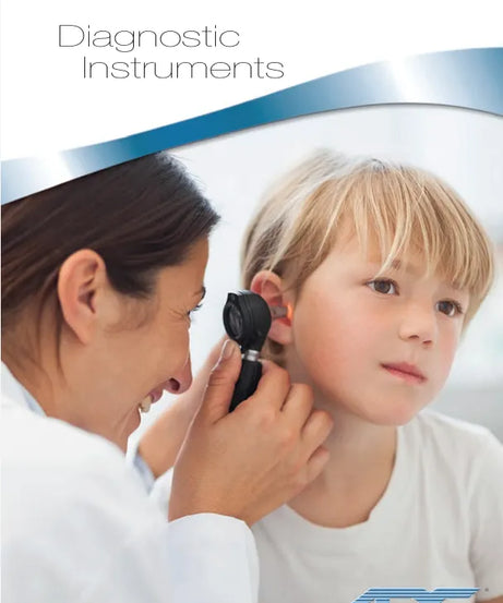 Doctor examining a child's ear with an otoscope, featuring the ADC logo.