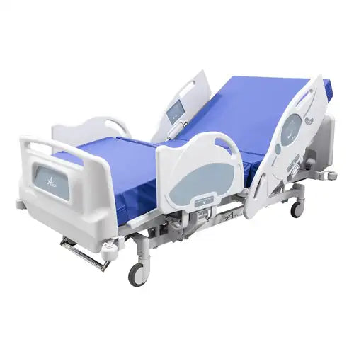 Hospital bed with blue mattress on a white background