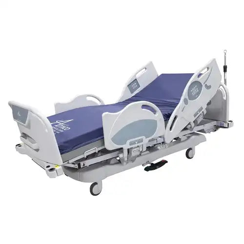 Hospital bed with blue mattress on a white background