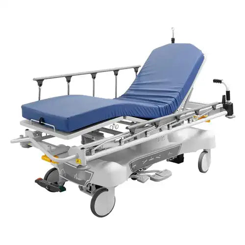 Hospital transfer stretcher with blue cushions on a white background