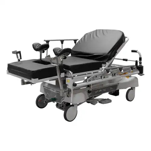 Hospital examination table with adjustable positions on a white background