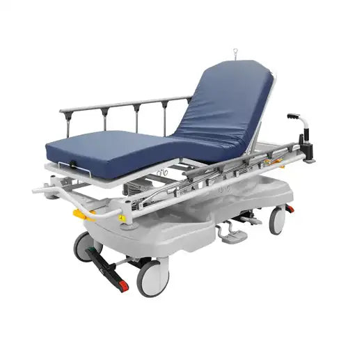Hospital stretcher with blue cushions on a white background