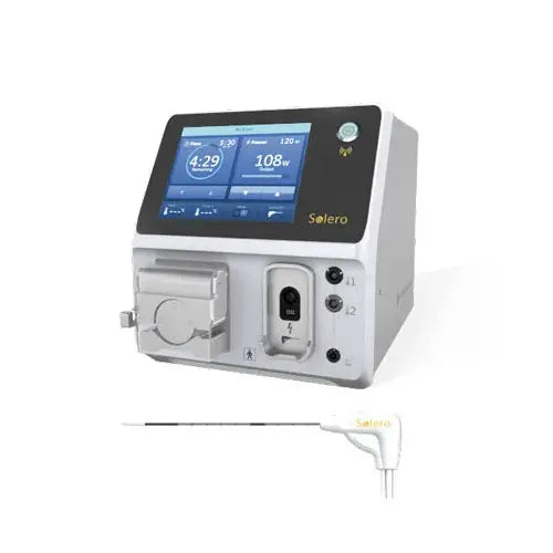 Medical device with digital display and attached probe on a white background