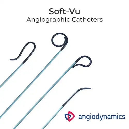 Angiographic catheters with 'Soft-Vu' text and Angiodynamics logo on a white background