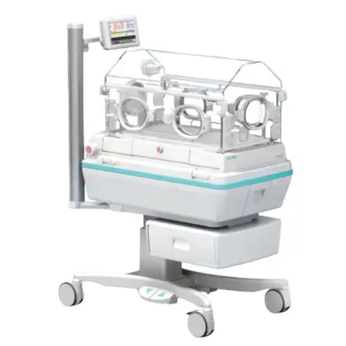 Baby incubator on wheels with digital display on a white background