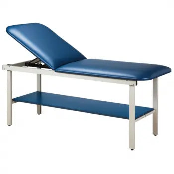 Blue examination table with metal frame on a white background