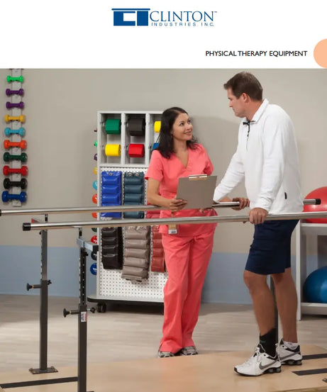 Two people in a therapy room with physical therapy equipment, featuring Clinton Industries logo.