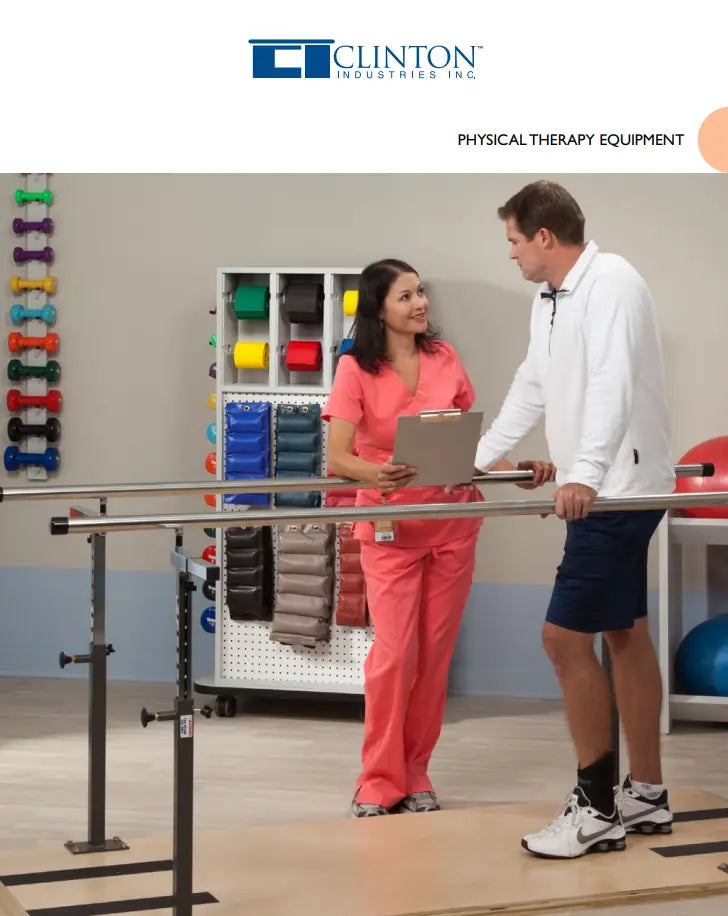 Two people in a therapy room with physical therapy equipment, featuring Clinton Industries logo.