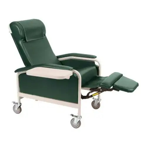 Green patient recliner chair with wheels on a white background