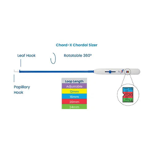 Chord-X Chordal Sizer with labeled parts and measurement details on a white background