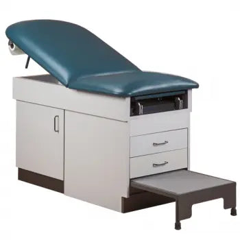 Medical examination table with blue cushioned surface and open drawer on a white background