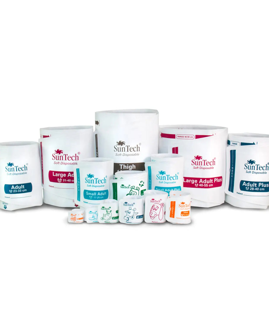 Brazalete desechable SunTech, tubo único, conector roscado, caja de 20 (diferentes tamaños)