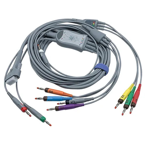 Electrode cable with various colored leads on a white background