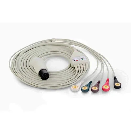 Electrocardiogram (ECG) lead wire cable with multiple connectors on a white background