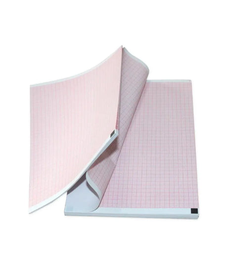 Two sheets of graph paper with a light pink grid pattern, shown overlapping on a solid white background.