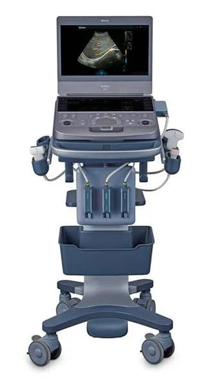 A medical ultrasound machine on a wheeled cart, featuring a gray and blue console with an attached monitor displaying an ultrasound image, three transducer probes, and a storage tray, isolated on a white background.