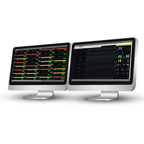 Two medical monitors displaying various readings on a white background