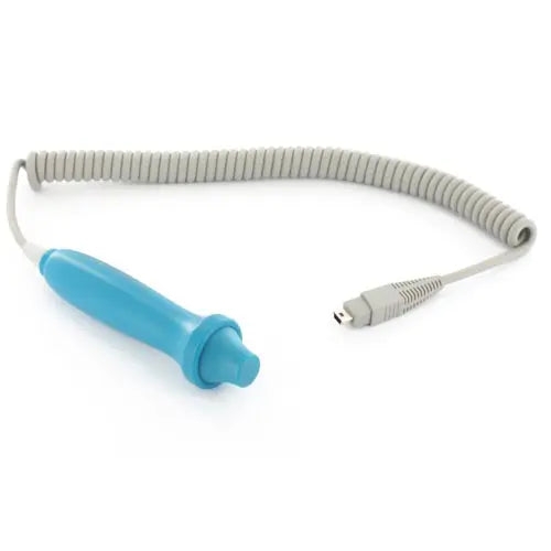 Blue handle with a coiled cable on a white background