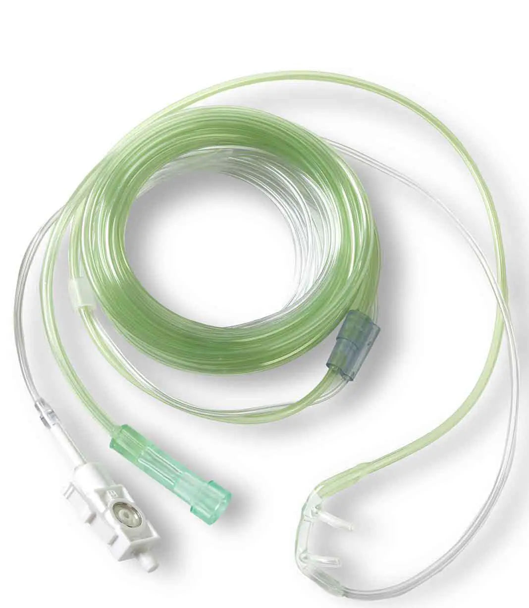Medical oxygen tube with clear and green components on a white background