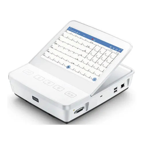 Medical device with screen displaying ECG readings on a white background