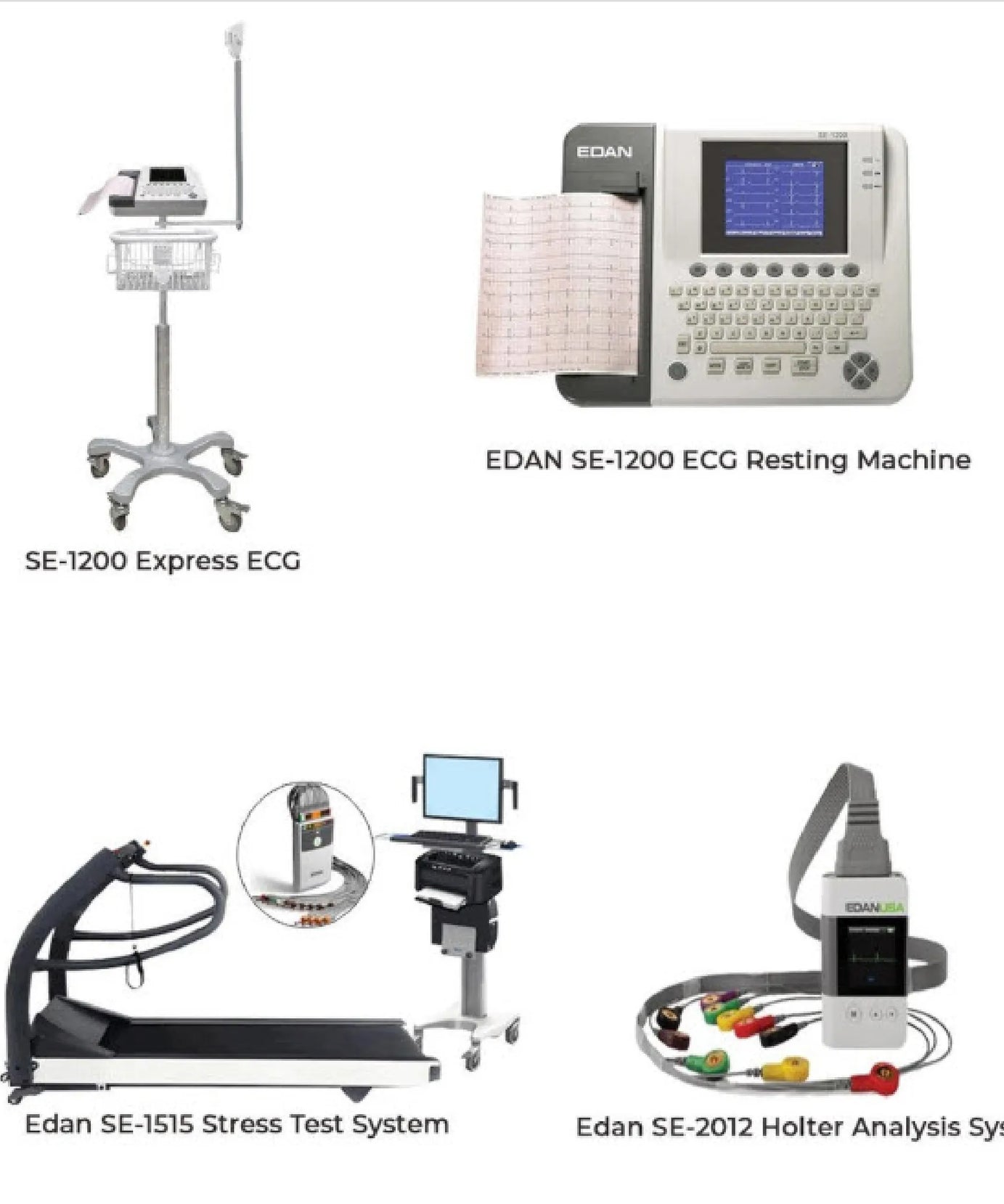 Four medical testing devices shown on a white background: SE-1200 Express ECG, EDAN SE-1200 ECG Resting Machine, Edan SE-1515 Stress Test System, and Edan SE-2012 Holter Analysis System.