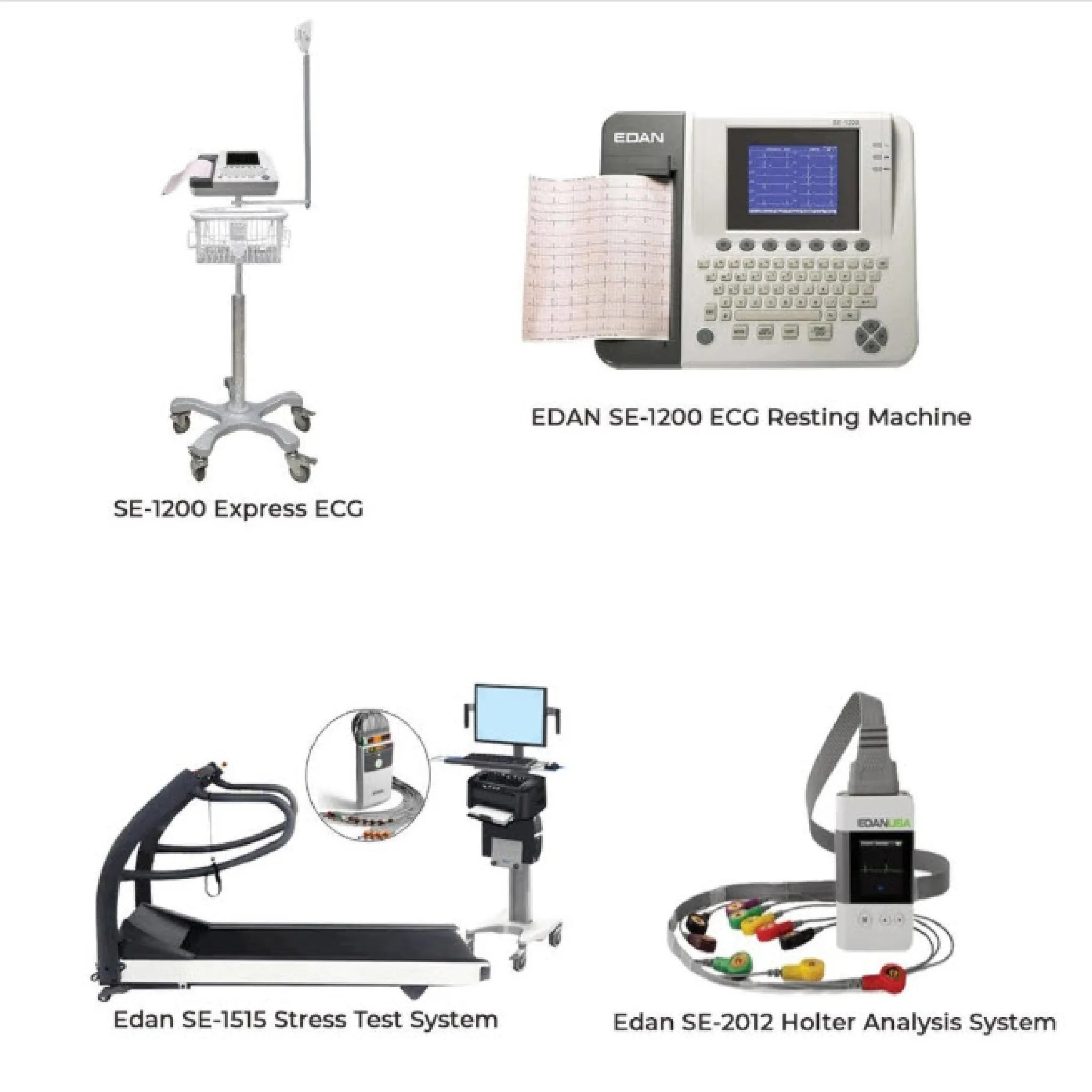 Four medical testing devices shown on a white background: SE-1200 Express ECG, EDAN SE-1200 ECG Resting Machine, Edan SE-1515 Stress Test System, and Edan SE-2012 Holter Analysis System.