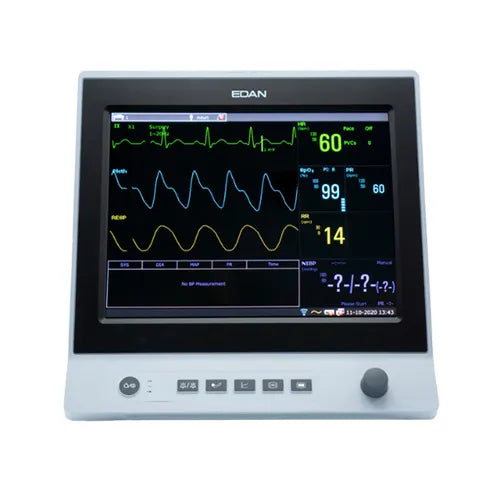 Medical monitor with display showing heart rate and other metrics on a white background