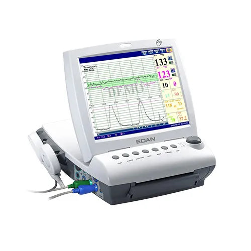 Medical device with a screen displaying heart rate data on a white background
